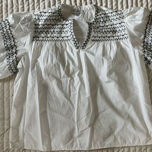 White and Black Blouse with Embroidered Neckline and Sleeves